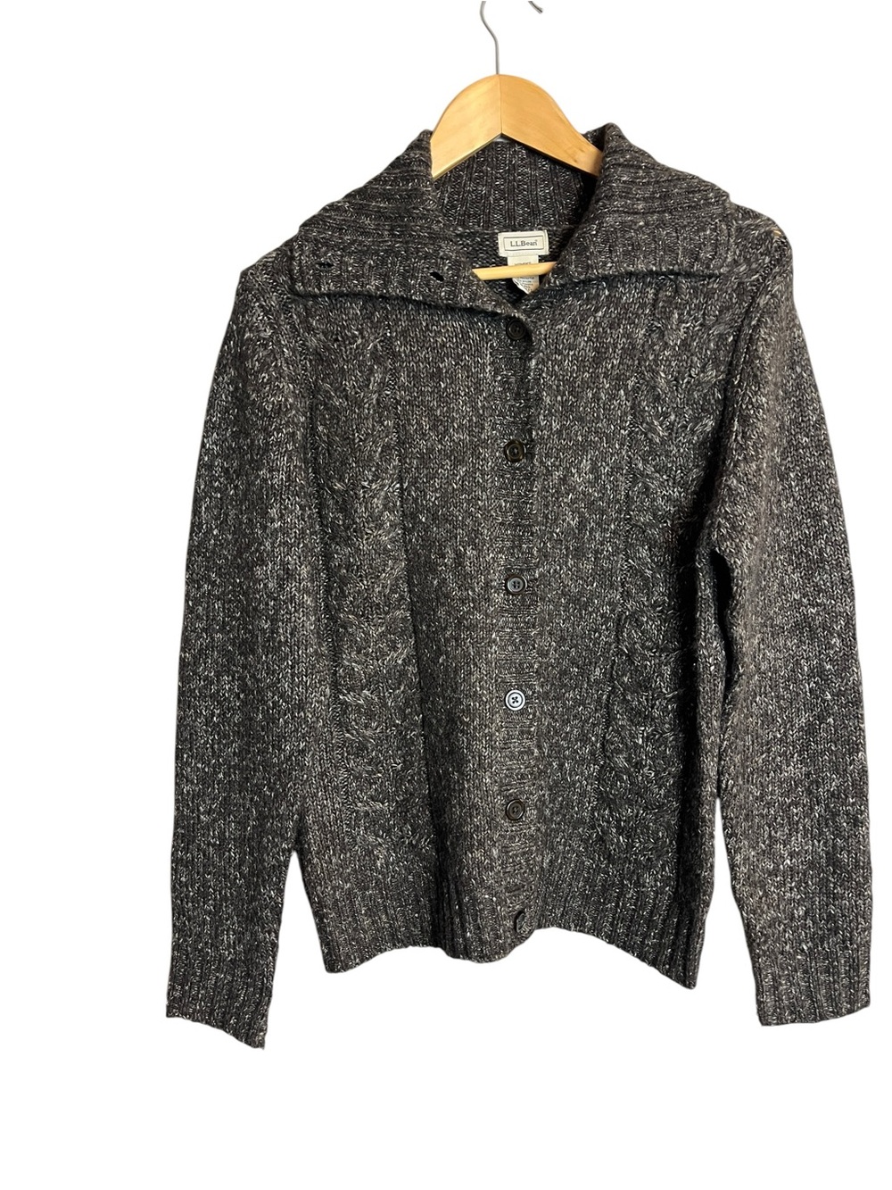 LL Bean Womens Medium Regular Button Up Shawl Collar Cardigan Brown Wool Blend